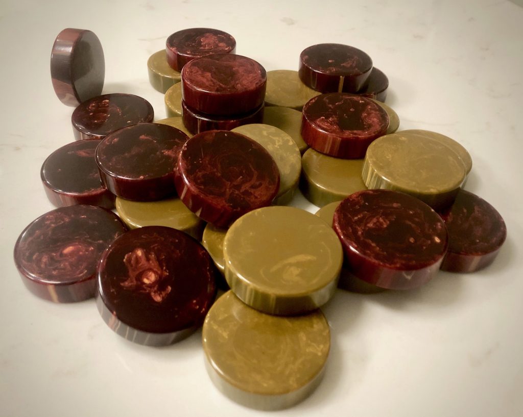 Jeu De Backgammon Vintage – Pions En Bakélite Catalin, Jaune Et Noir, 35 Mm, étui Cuir